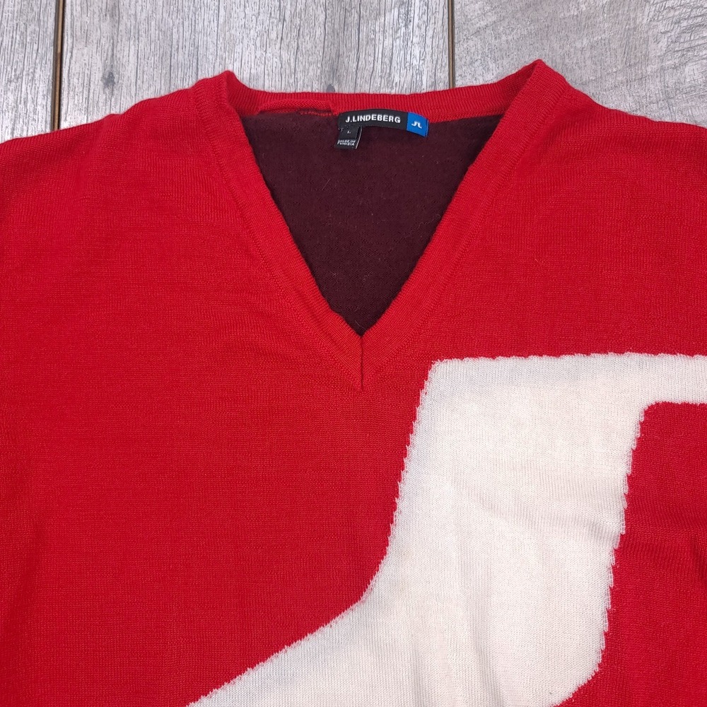 J.Lindeberg Mens Jethro True Merino Knit Sweater Size Large Red V-Neck Pullover - Picture 5 of 7